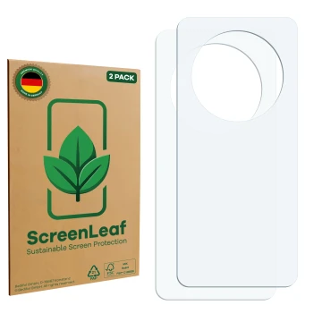 Parte frontal de un envase de producto con el logotipo de la marca ScreenLeaf. Al lado está el protector de pantalla correspon