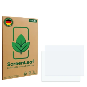 Parte frontal de un envase de producto con el logotipo de la marca ScreenLeaf. Al lado está el protector de pantalla correspon