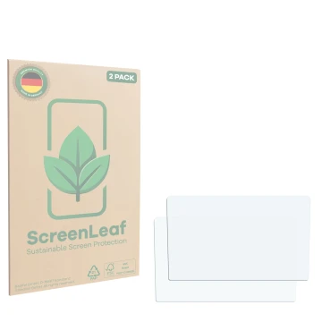 Parte frontal de un envase de producto con el logotipo de la marca ScreenLeaf. Al lado está el protector de pantalla correspon