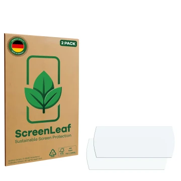 Parte frontal de un envase de producto con el logotipo de la marca ScreenLeaf. Al lado está el protector de pantalla correspon