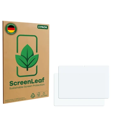 Parte frontal de un envase de producto con el logotipo de la marca ScreenLeaf. Al lado está el protector de pantalla correspon