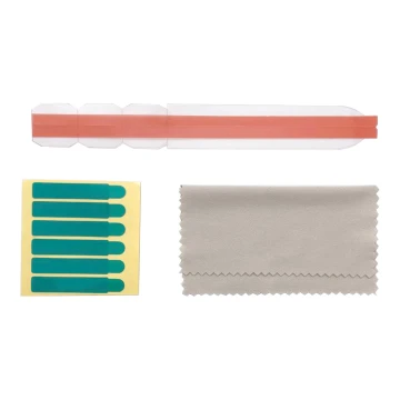 Imagen de las tiras adhesivas, las lengüetas de sujeción y el paño de microfibra