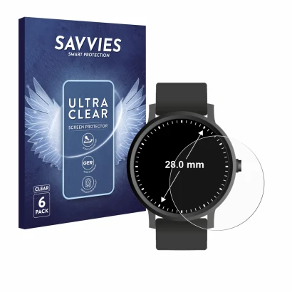 Parte frontal de un envase de producto con el logotipo de la marca Savvies. Al lado se muestra el dispositivo Relojes (Circula