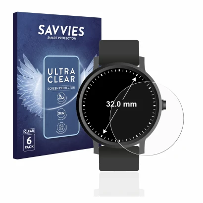 Parte frontal de un envase de producto con el logotipo de la marca Savvies. Al lado se muestra el dispositivo Relojes (Circula