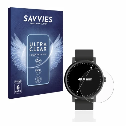 Parte frontal de un envase de producto con el logotipo de la marca Savvies. Al lado se muestra el dispositivo Relojes (Circula