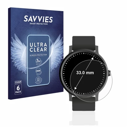Parte frontal de un envase de producto con el logotipo de la marca Savvies. Al lado se muestra el dispositivo Relojes (Circula