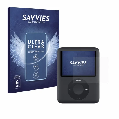 Parte frontal de un envase de producto con el logotipo de la marca Savvies. Al lado se muestra el dispositivo Apple iPod nano 