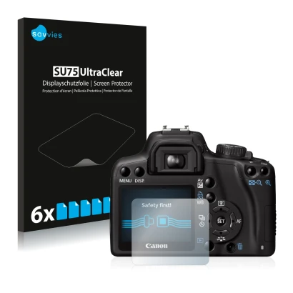 Parte frontal de un envase de producto con el logotipo de la marca Savvies. Al lado se muestra el dispositivo Canon EOS 1000D 