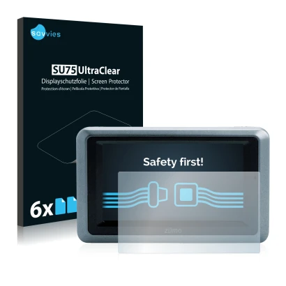 Parte frontal de un envase de producto con el logotipo de la marca Savvies. Al lado se muestra el dispositivo Garmin zumo 660 