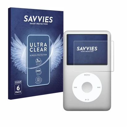 Parte frontal de un envase de producto con el logotipo de la marca Savvies. Al lado se muestra el dispositivo Apple iPod class