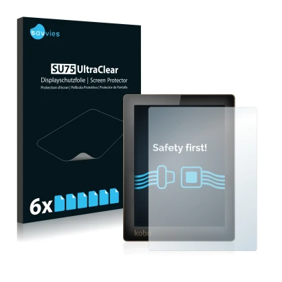 Parte frontal de un envase de producto con el logotipo de la marca Savvies. Al lado se muestra el dispositivo Kobo Aura con su