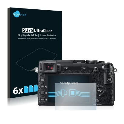 Parte frontal de un envase de producto con el logotipo de la marca Savvies. Al lado se muestra el dispositivo Fujifilm X-E2 co