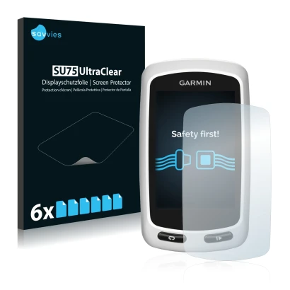 Parte frontal de un envase de producto con el logotipo de la marca Savvies. Al lado se muestra el dispositivo Garmin Edge Tour