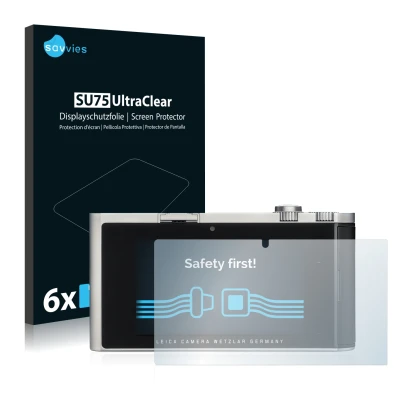 Parte frontal de un envase de producto con el logotipo de la marca Savvies. Al lado se muestra el dispositivo Leica T (Typ 701