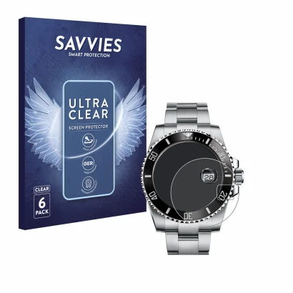 Parte frontal de un envase de producto con el logotipo de la marca Savvies. Al lado se muestra el dispositivo Rolex Submariner