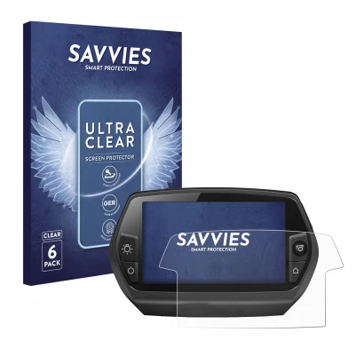Parte frontal de un envase de producto con el logotipo de la marca Savvies. Al lado se muestra el dispositivo Bosch Nyon 2014 