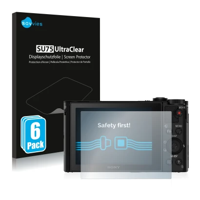 Parte frontal de un envase de producto con el logotipo de la marca Savvies. Al lado se muestra el dispositivo Sony Cyber-Shot 