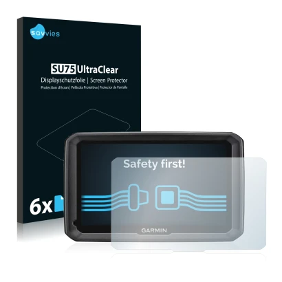 Parte frontal de un envase de producto con el logotipo de la marca Savvies. Al lado se muestra el dispositivo Garmin dezl 770 