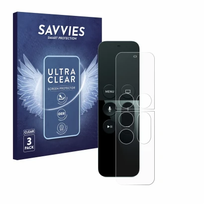 Parte frontal de un envase de producto con el logotipo de la marca Savvies. Al lado se muestra el dispositivo Apple Remote Con