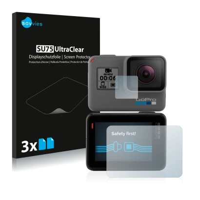 Parte frontal de un envase de producto con el logotipo de la marca Savvies. Al lado se muestra el dispositivo GoPro Hero 5 Bla