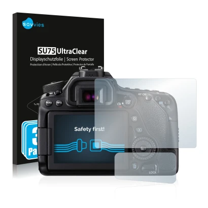 Parte frontal de un envase de producto con el logotipo de la marca Savvies. Al lado se muestra el dispositivo Canon EOS 80D co