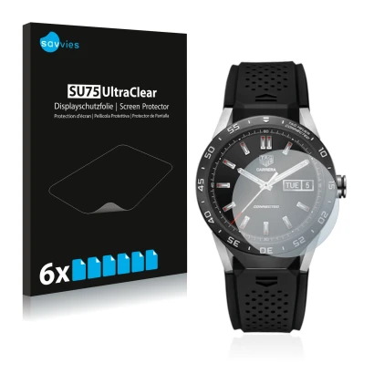 Parte frontal de un envase de producto con el logotipo de la marca Savvies. Al lado se muestra el dispositivo TAG Heuer Connec