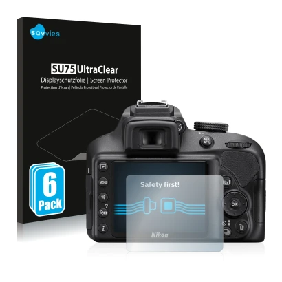 Parte frontal de un envase de producto con el logotipo de la marca Savvies. Al lado se muestra el dispositivo Nikon D3400 con 