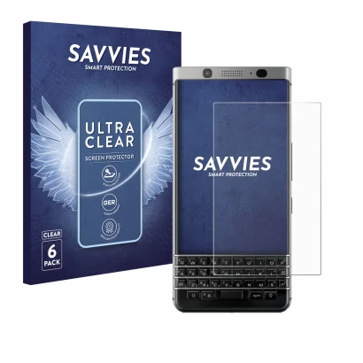 Parte frontal de un envase de producto con el logotipo de la marca Savvies. Al lado se muestra el dispositivo BlackBerry Keyon
