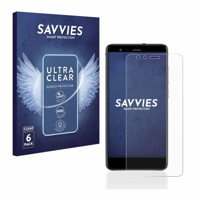 Parte frontal de un envase de producto con el logotipo de la marca Savvies. Al lado se muestra el dispositivo Huawei P10 Lite 