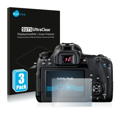 Parte frontal de un envase de producto con el logotipo de la marca Savvies. Al lado se muestra el dispositivo Canon EOS 77D co