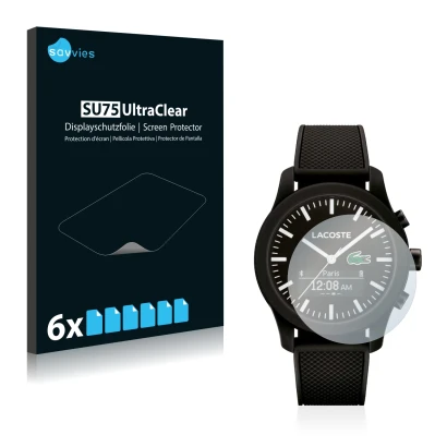 Parte frontal de un envase de producto con el logotipo de la marca Savvies. Al lado se muestra el dispositivo Lacoste 12.12 Co