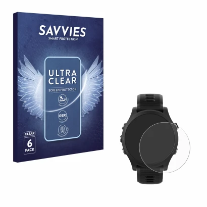 Parte frontal de un envase de producto con el logotipo de la marca Savvies. Al lado se muestra el dispositivo Garmin Forerunne