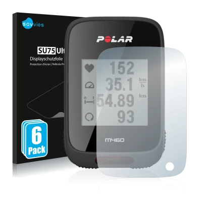 Parte frontal de un envase de producto con el logotipo de la marca Savvies. Al lado se muestra el dispositivo Polar M460 con s