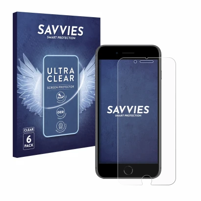 Parte frontal de un envase de producto con el logotipo de la marca Savvies. Al lado se muestra el dispositivo Apple iPhone 8 P