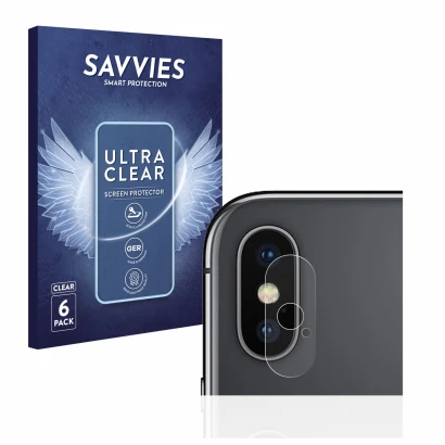 Parte frontal de un envase de producto con el logotipo de la marca Savvies. Al lado se muestra el dispositivo Apple iPhone X (