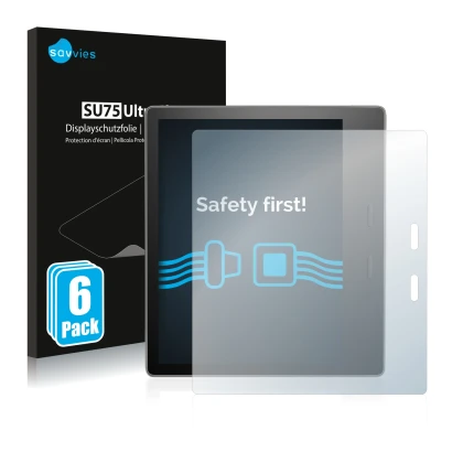 Parte frontal de un envase de producto con el logotipo de la marca Savvies. Al lado se muestra el dispositivo Amazon Kindle Oa