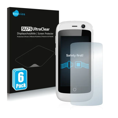 Parte frontal de un envase de producto con el logotipo de la marca Savvies. Al lado se muestra el dispositivo Unihertz Jelly P