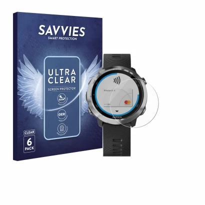 Parte frontal de un envase de producto con el logotipo de la marca Savvies. Al lado se muestra el dispositivo Garmin Forerunne