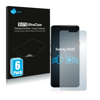 Parte frontal de un envase de producto con el logotipo de la marca Savvies. Al lado se muestra el dispositivo LG G7 ThinQ con 