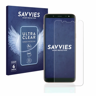 Parte frontal de un envase de producto con el logotipo de la marca Savvies. Al lado se muestra el dispositivo Samsung Galaxy J