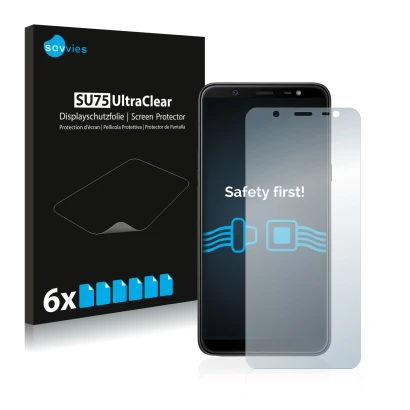 Parte frontal de un envase de producto con el logotipo de la marca Savvies. Al lado se muestra el dispositivo Samsung Galaxy J