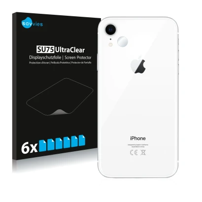 Parte frontal de un envase de producto con el logotipo de la marca Savvies. Al lado se muestra el dispositivo Apple iPhone XR 