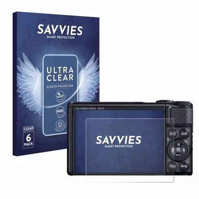 Parte frontal de un envase de producto con el logotipo de la marca Savvies. Al lado se muestra el dispositivo Canon PowerShot 