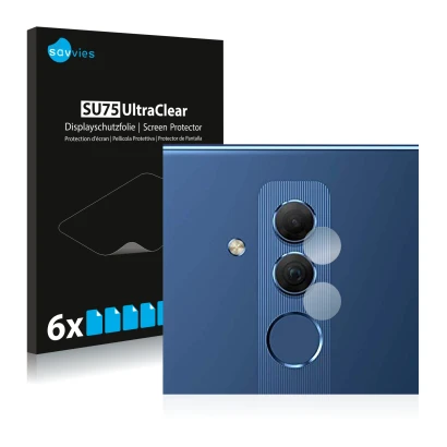 Parte frontal de un envase de producto con el logotipo de la marca Savvies. Al lado se muestra el dispositivo Huawei Mate 20 l