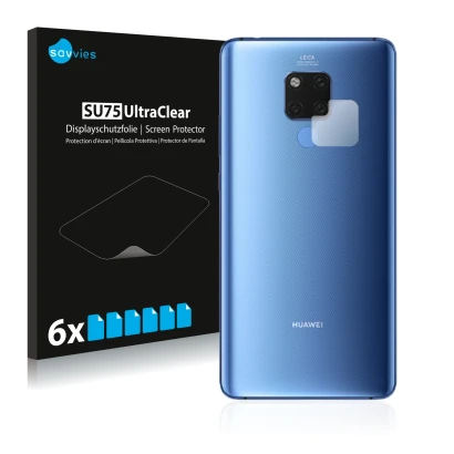 Parte frontal de un envase de producto con el logotipo de la marca Savvies. Al lado se muestra el dispositivo Huawei Mate 20 X