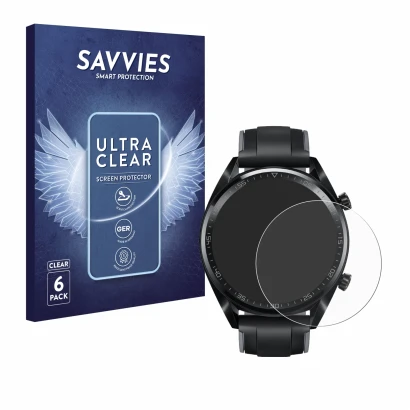 Parte frontal de un envase de producto con el logotipo de la marca Savvies. Al lado se muestra el dispositivo Huawei Watch GT 