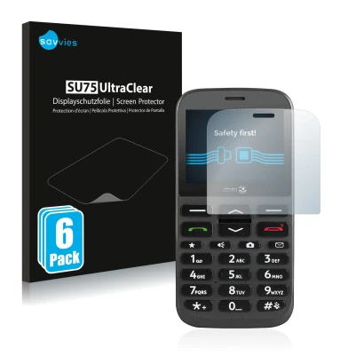 Parte frontal de un envase de producto con el logotipo de la marca Savvies. Al lado se muestra el dispositivo Doro 1370 con su