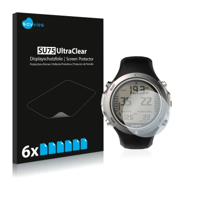 Parte frontal de un envase de producto con el logotipo de la marca Savvies. Al lado se muestra el dispositivo Suunto D6I Novo 