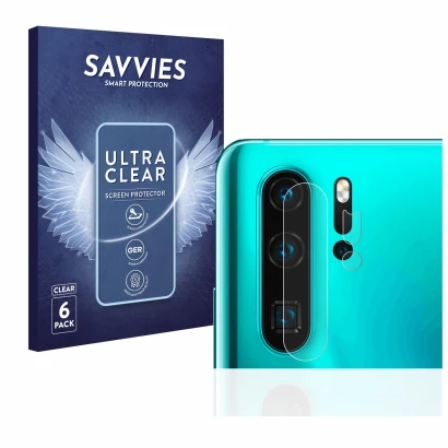 Parte frontal de un envase de producto con el logotipo de la marca Savvies. Al lado se muestra el dispositivo Huawei P30 Pro (