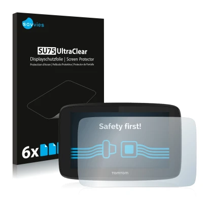 Parte frontal de un envase de producto con el logotipo de la marca Savvies. Al lado se muestra el dispositivo TomTom GO Essent